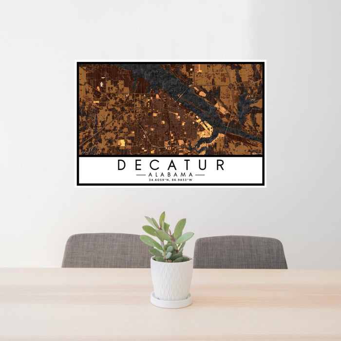24x36 Decatur Alabama Map Print Lanscape Orientation in Ember Style Behind 2 Chairs Table and Potted Plant