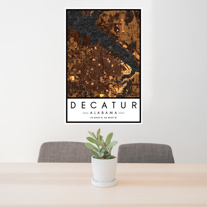 24x36 Decatur Alabama Map Print Portrait Orientation in Ember Style Behind 2 Chairs Table and Potted Plant