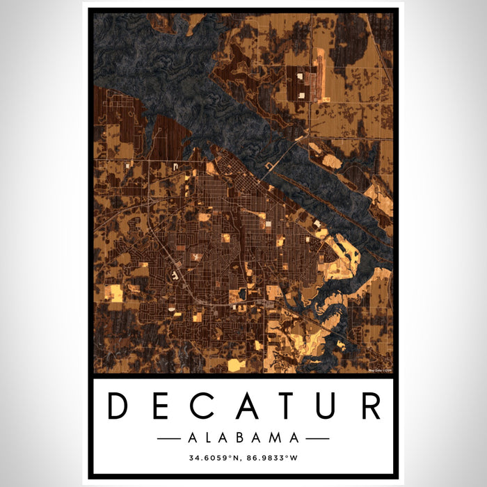 Decatur Alabama Map Print Portrait Orientation in Ember Style With Shaded Background