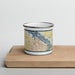 Front View Custom Decatur Alabama Map Enamel Mug in Woodblock on Cutting Board