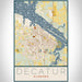 Decatur Alabama Map Print Portrait Orientation in Woodblock Style With Shaded Background