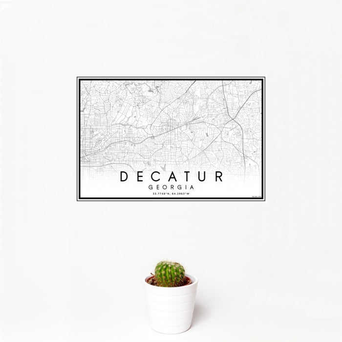 12x18 Decatur Georgia Map Print Landscape Orientation in Classic Style With Small Cactus Plant in White Planter
