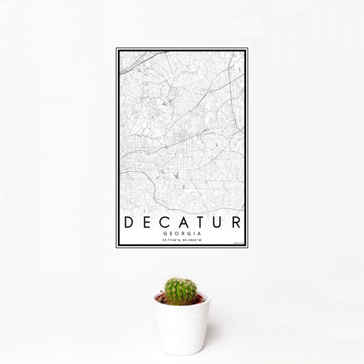 12x18 Decatur Georgia Map Print Portrait Orientation in Classic Style With Small Cactus Plant in White Planter