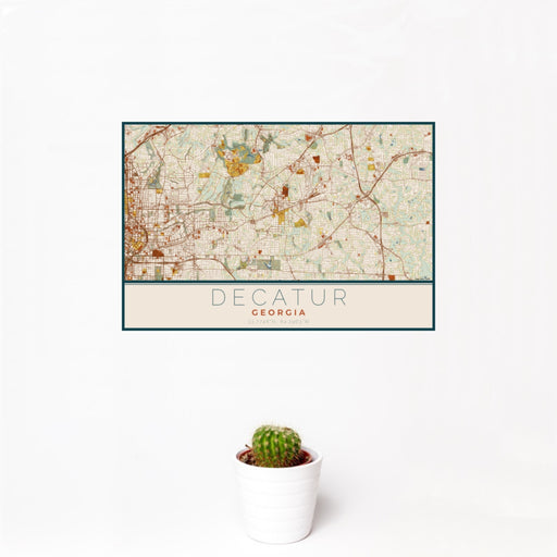 12x18 Decatur Georgia Map Print Landscape Orientation in Woodblock Style With Small Cactus Plant in White Planter