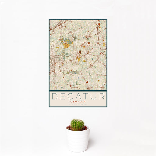 12x18 Decatur Georgia Map Print Portrait Orientation in Woodblock Style With Small Cactus Plant in White Planter