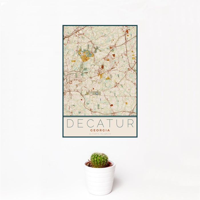 12x18 Decatur Georgia Map Print Portrait Orientation in Woodblock Style With Small Cactus Plant in White Planter
