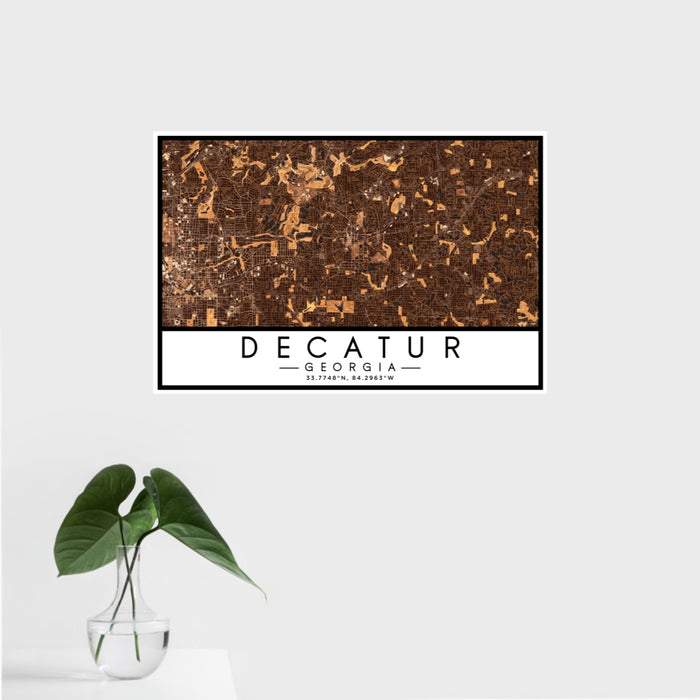 16x24 Decatur Georgia Map Print Landscape Orientation in Ember Style With Tropical Plant Leaves in Water