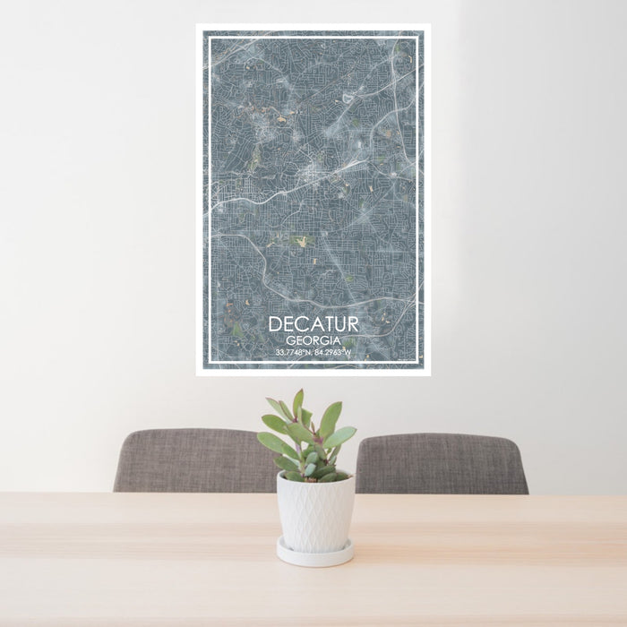 24x36 Decatur Georgia Map Print Portrait Orientation in Afternoon Style Behind 2 Chairs Table and Potted Plant