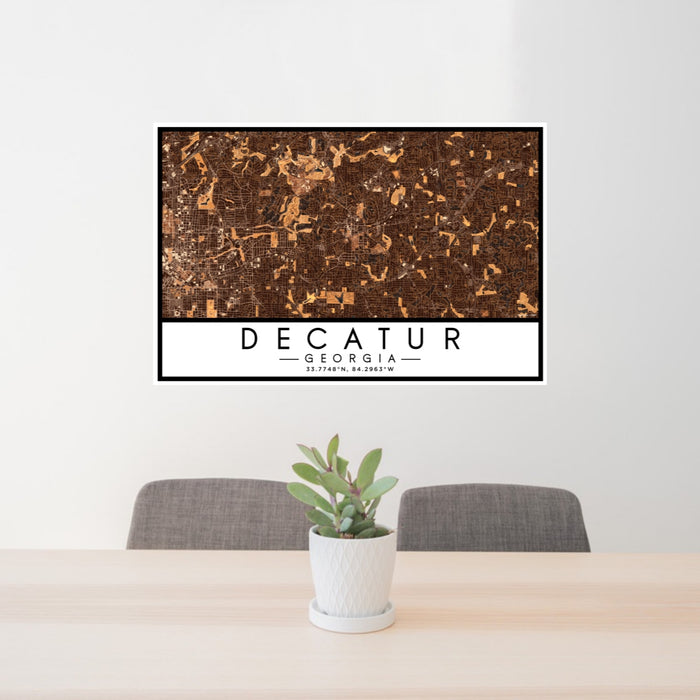 24x36 Decatur Georgia Map Print Lanscape Orientation in Ember Style Behind 2 Chairs Table and Potted Plant