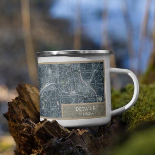 Right View Custom Decatur Georgia Map Enamel Mug in Afternoon on Grass With Trees in Background