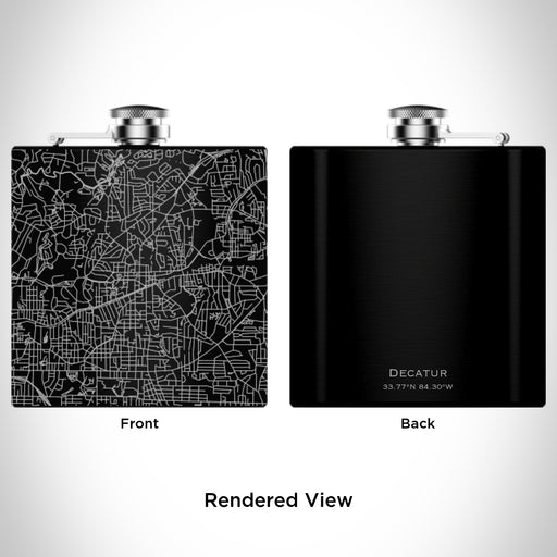Rendered View of Decatur Georgia Map Engraving on 6oz Stainless Steel Flask in Black