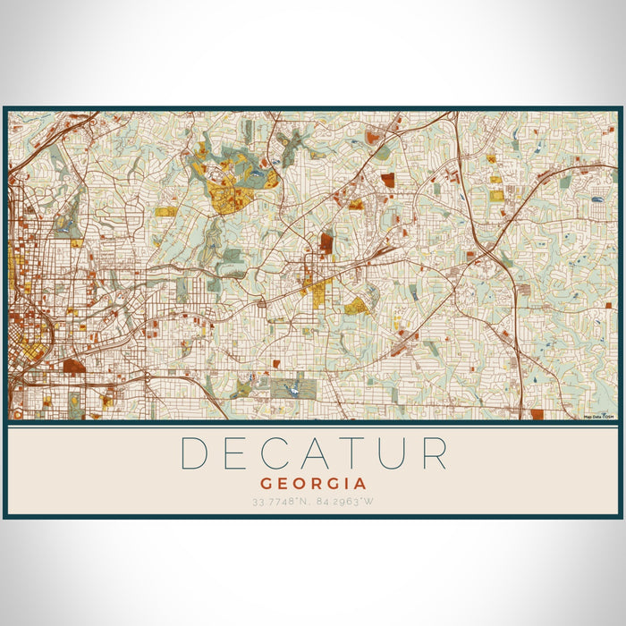 Decatur Georgia Map Print Landscape Orientation in Woodblock Style With Shaded Background