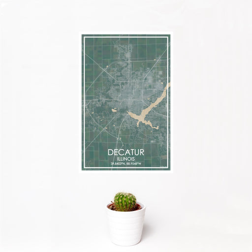 12x18 Decatur Illinois Map Print Portrait Orientation in Afternoon Style With Small Cactus Plant in White Planter