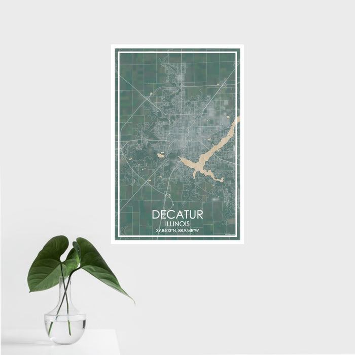 16x24 Decatur Illinois Map Print Portrait Orientation in Afternoon Style With Tropical Plant Leaves in Water