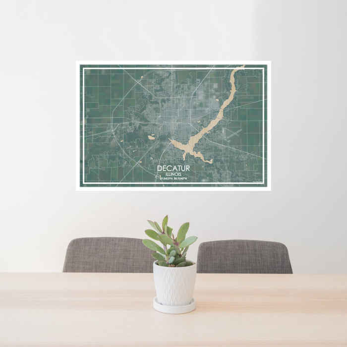 24x36 Decatur Illinois Map Print Lanscape Orientation in Afternoon Style Behind 2 Chairs Table and Potted Plant
