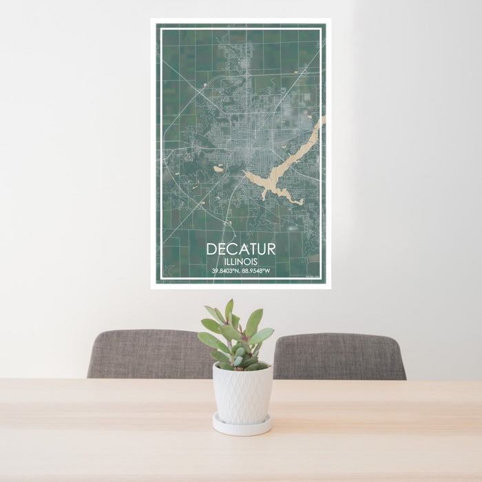 24x36 Decatur Illinois Map Print Portrait Orientation in Afternoon Style Behind 2 Chairs Table and Potted Plant