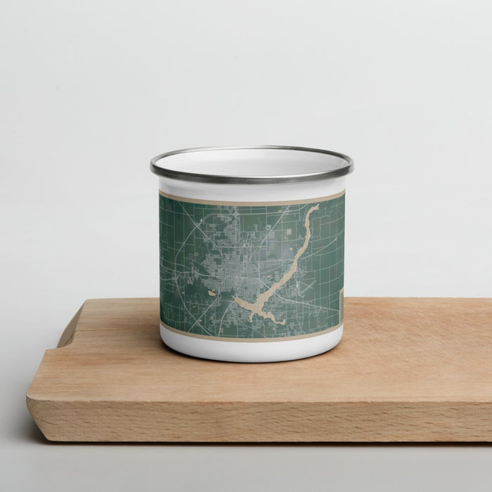 Front View Custom Decatur Illinois Map Enamel Mug in Afternoon on Cutting Board