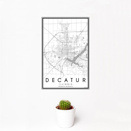 12x18 Decatur Illinois Map Print Portrait Orientation in Classic Style With Small Cactus Plant in White Planter
