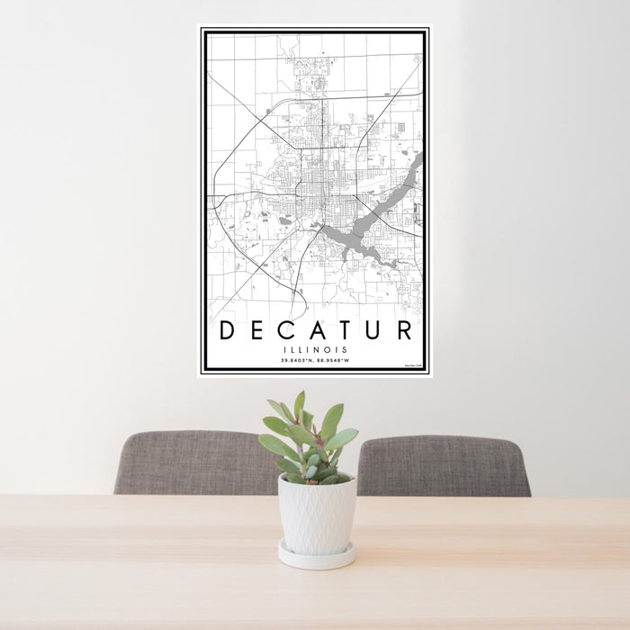 24x36 Decatur Illinois Map Print Portrait Orientation in Classic Style Behind 2 Chairs Table and Potted Plant