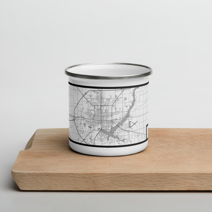Front View Custom Decatur Illinois Map Enamel Mug in Classic on Cutting Board
