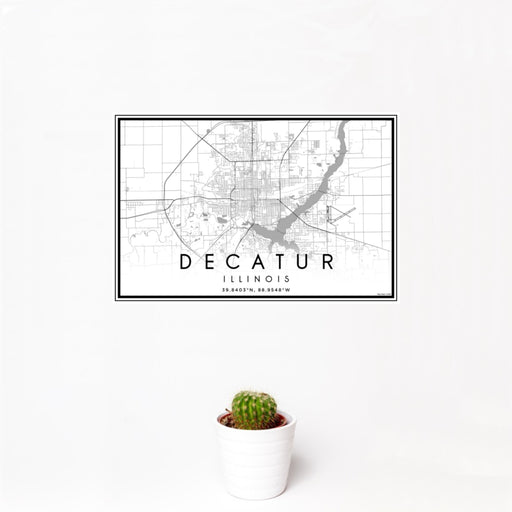12x18 Decatur Illinois Map Print Landscape Orientation in Classic Style With Small Cactus Plant in White Planter