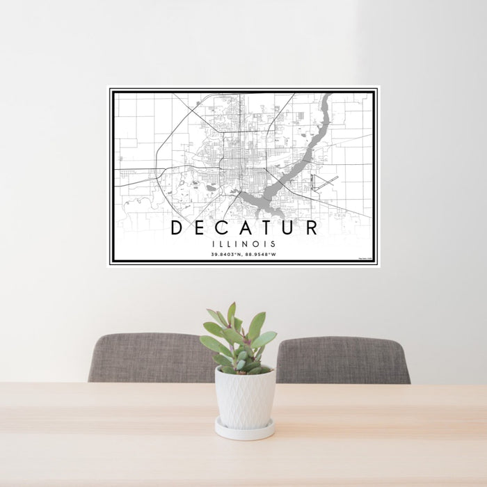 24x36 Decatur Illinois Map Print Landscape Orientation in Classic Style Behind 2 Chairs Table and Potted Plant