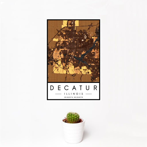12x18 Decatur Illinois Map Print Portrait Orientation in Ember Style With Small Cactus Plant in White Planter
