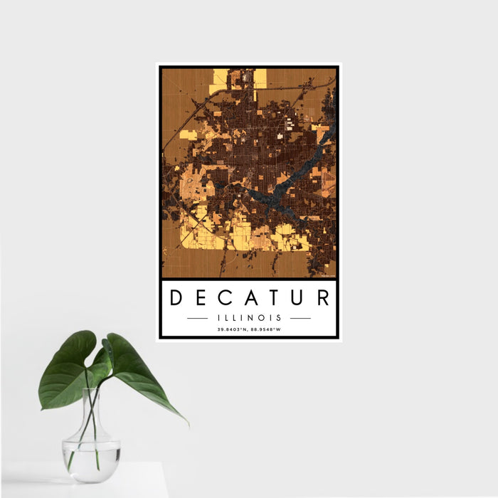16x24 Decatur Illinois Map Print Portrait Orientation in Ember Style With Tropical Plant Leaves in Water