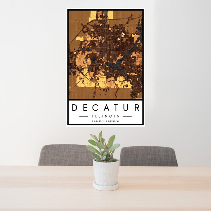 24x36 Decatur Illinois Map Print Portrait Orientation in Ember Style Behind 2 Chairs Table and Potted Plant