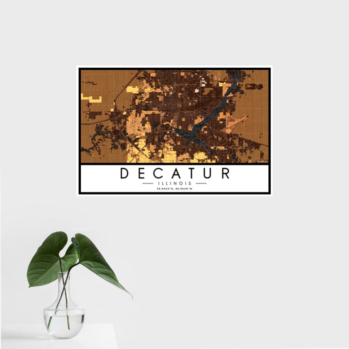 16x24 Decatur Illinois Map Print Landscape Orientation in Ember Style With Tropical Plant Leaves in Water