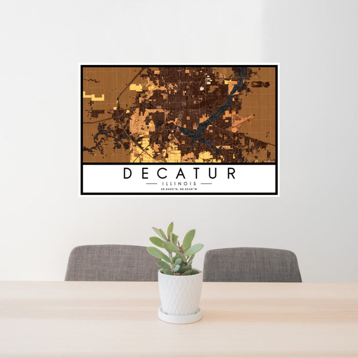 24x36 Decatur Illinois Map Print Landscape Orientation in Ember Style Behind 2 Chairs Table and Potted Plant
