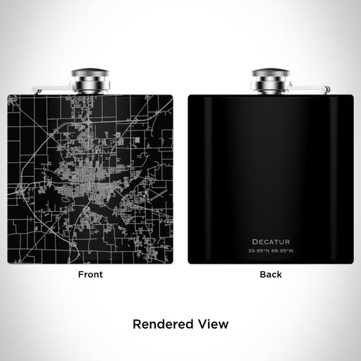 Rendered View of Decatur Illinois Map Engraving on 6oz Stainless Steel Flask in Black