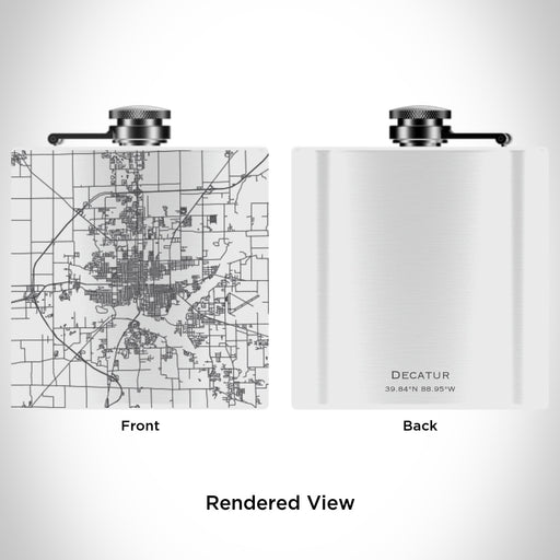 Rendered View of Decatur Illinois Map Engraving on 6oz Stainless Steel Flask in White