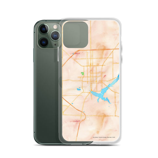 Custom Decatur Illinois Map Phone Case in Watercolor on Table with Laptop and Plant