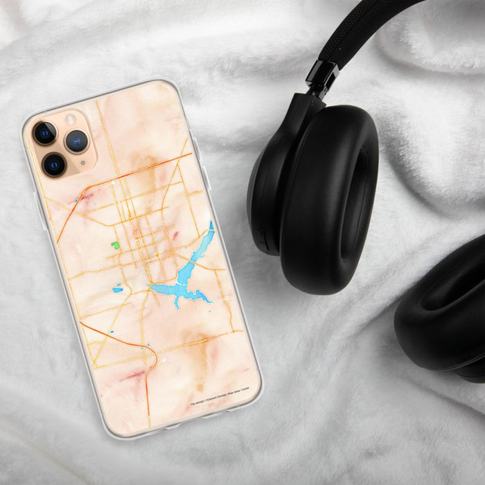 Custom Decatur Illinois Map Phone Case in Watercolor on Table with Black Headphones