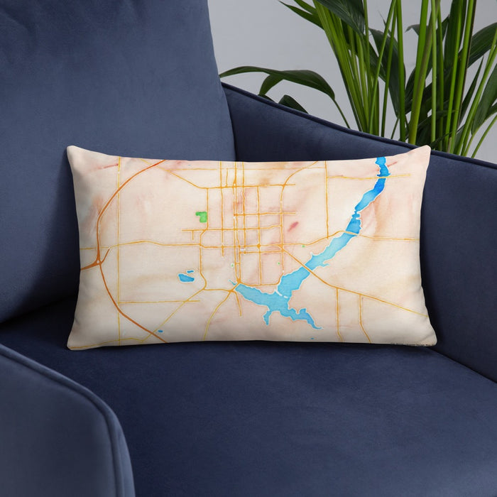 Custom Decatur Illinois Map Throw Pillow in Watercolor on Blue Colored Chair