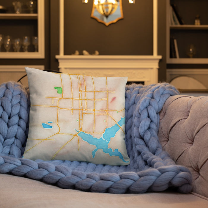 Custom Decatur Illinois Map Throw Pillow in Watercolor on Cream Colored Couch
