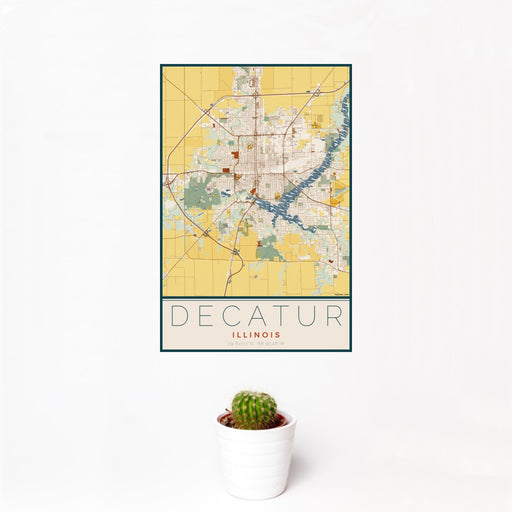 12x18 Decatur Illinois Map Print Portrait Orientation in Woodblock Style With Small Cactus Plant in White Planter