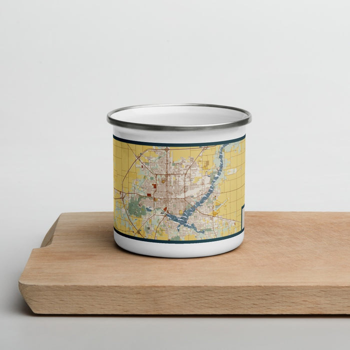 Front View Custom Decatur Illinois Map Enamel Mug in Woodblock on Cutting Board