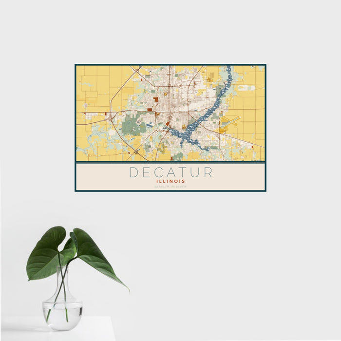 16x24 Decatur Illinois Map Print Landscape Orientation in Woodblock Style With Tropical Plant Leaves in Water