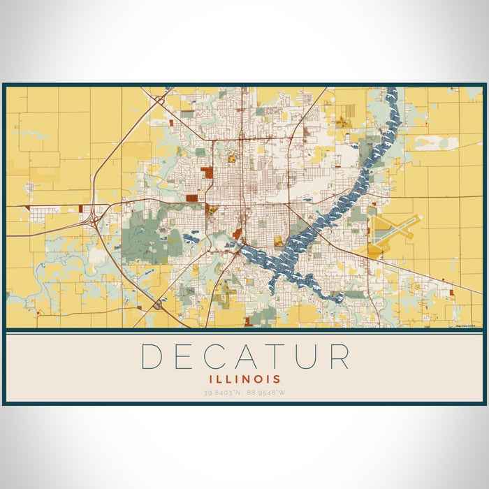Decatur Illinois Map Print Landscape Orientation in Woodblock Style With Shaded Background