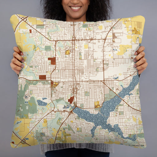 Person holding 22x22 Custom Decatur Illinois Map Throw Pillow in Woodblock