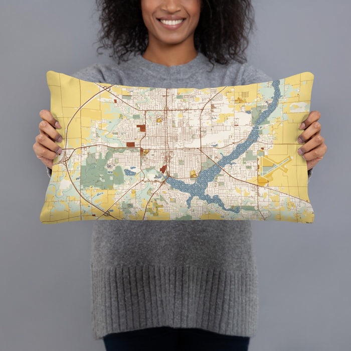 Person holding 20x12 Custom Decatur Illinois Map Throw Pillow in Woodblock