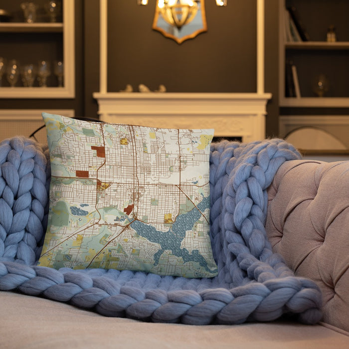 Custom Decatur Illinois Map Throw Pillow in Woodblock on Cream Colored Couch
