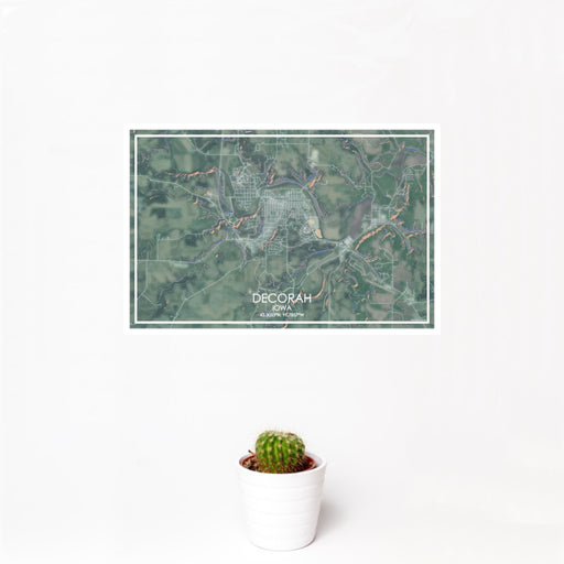12x18 Decorah Iowa Map Print Landscape Orientation in Afternoon Style With Small Cactus Plant in White Planter