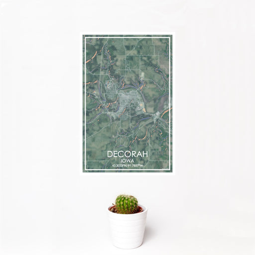 12x18 Decorah Iowa Map Print Portrait Orientation in Afternoon Style With Small Cactus Plant in White Planter