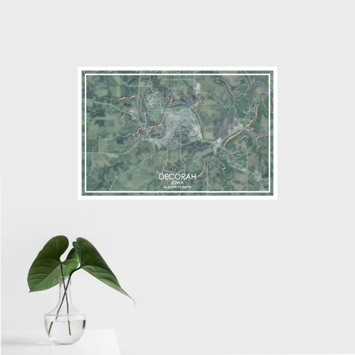 16x24 Decorah Iowa Map Print Landscape Orientation in Afternoon Style With Tropical Plant Leaves in Water