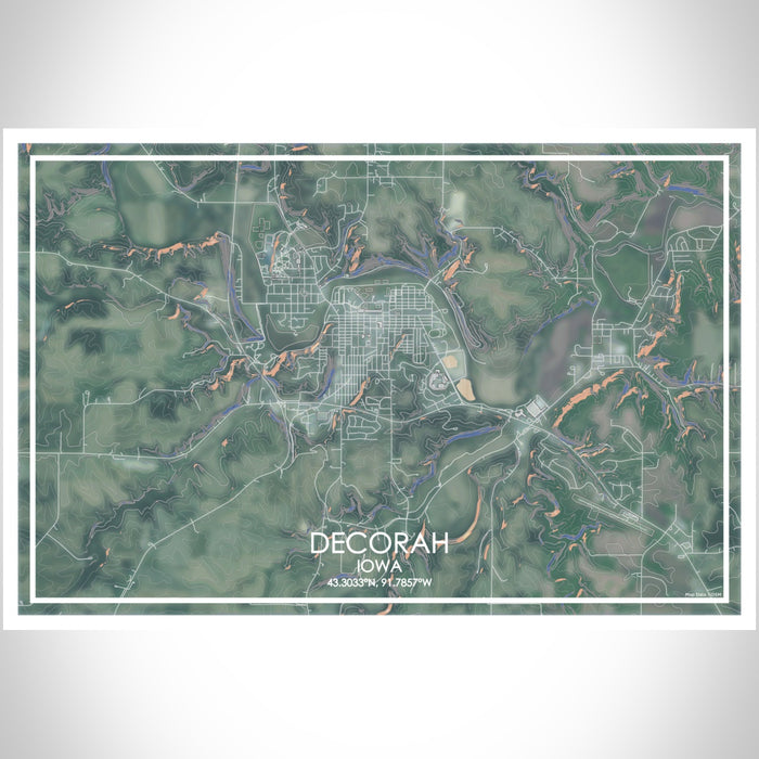 Decorah Iowa Map Print Landscape Orientation in Afternoon Style With Shaded Background