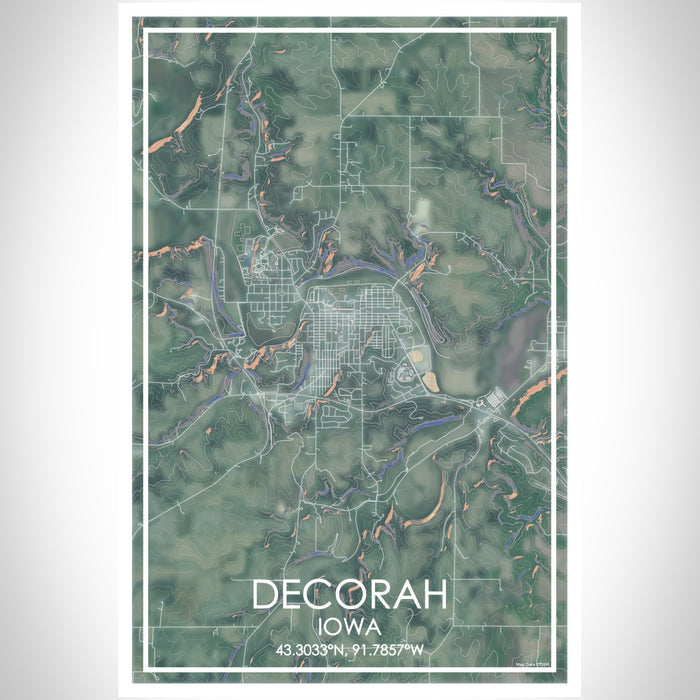 Decorah Iowa Map Print Portrait Orientation in Afternoon Style With Shaded Background