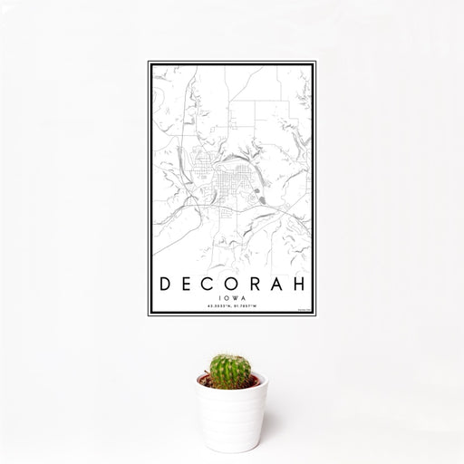 12x18 Decorah Iowa Map Print Portrait Orientation in Classic Style With Small Cactus Plant in White Planter